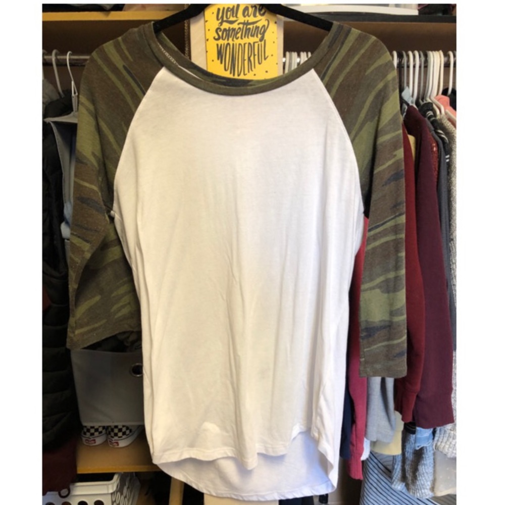 White baseball tee with camo print sleeves